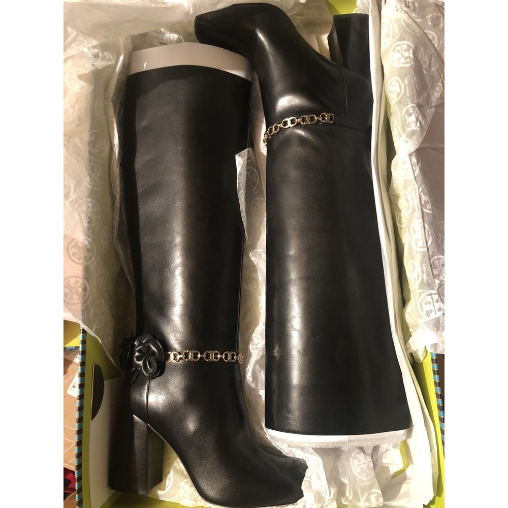 Tory Burch Black Leather‎ Camellia Chain Link Block Heel Knee High Boots 8M